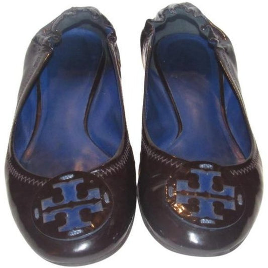 Tory Burch Black and Cobalt Blue Patent Leather Flats