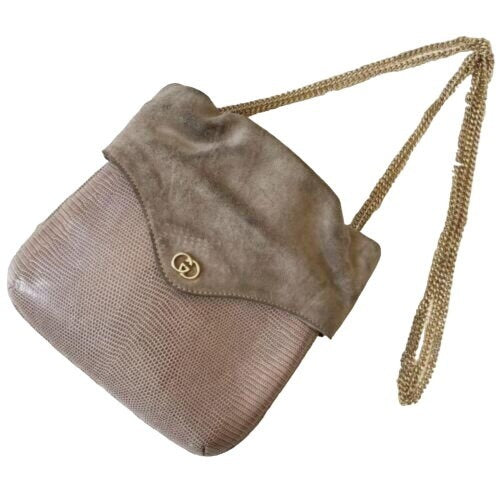 Rare, Gucci, taupe lizard leather, bucket bag with a removeable long gold chain strap