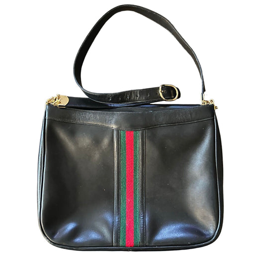 Gucci black leather hobo bag w Sherry stripe & horse-bit chain strap