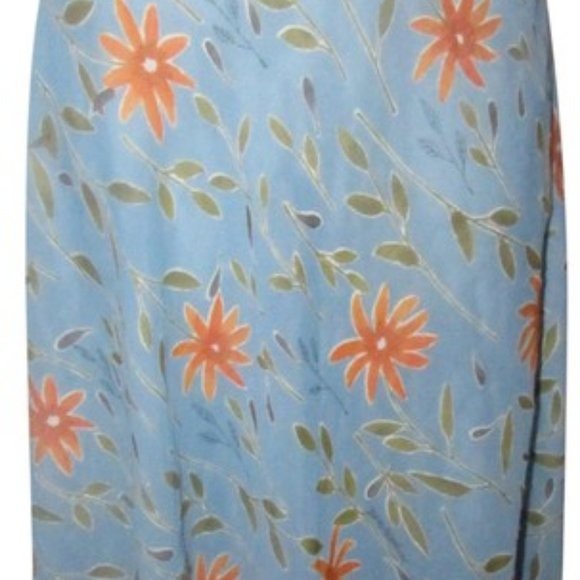 NWT, Moschino, size 46 IT/12 US, periwinkle, midi A-line skirt with stylized orange & green floral print