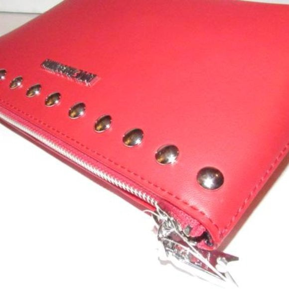 AMAZING, NWT, Moschino, true red leather, retro, clutch or cosmetic bag with chrome studs, a zip top closure, an XL engraved chrome zipper fob, and polished chrome hardware