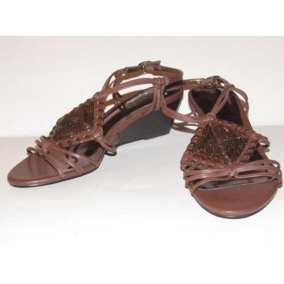 Carlos Santana Brown Strappy Leather Wedge Sandals