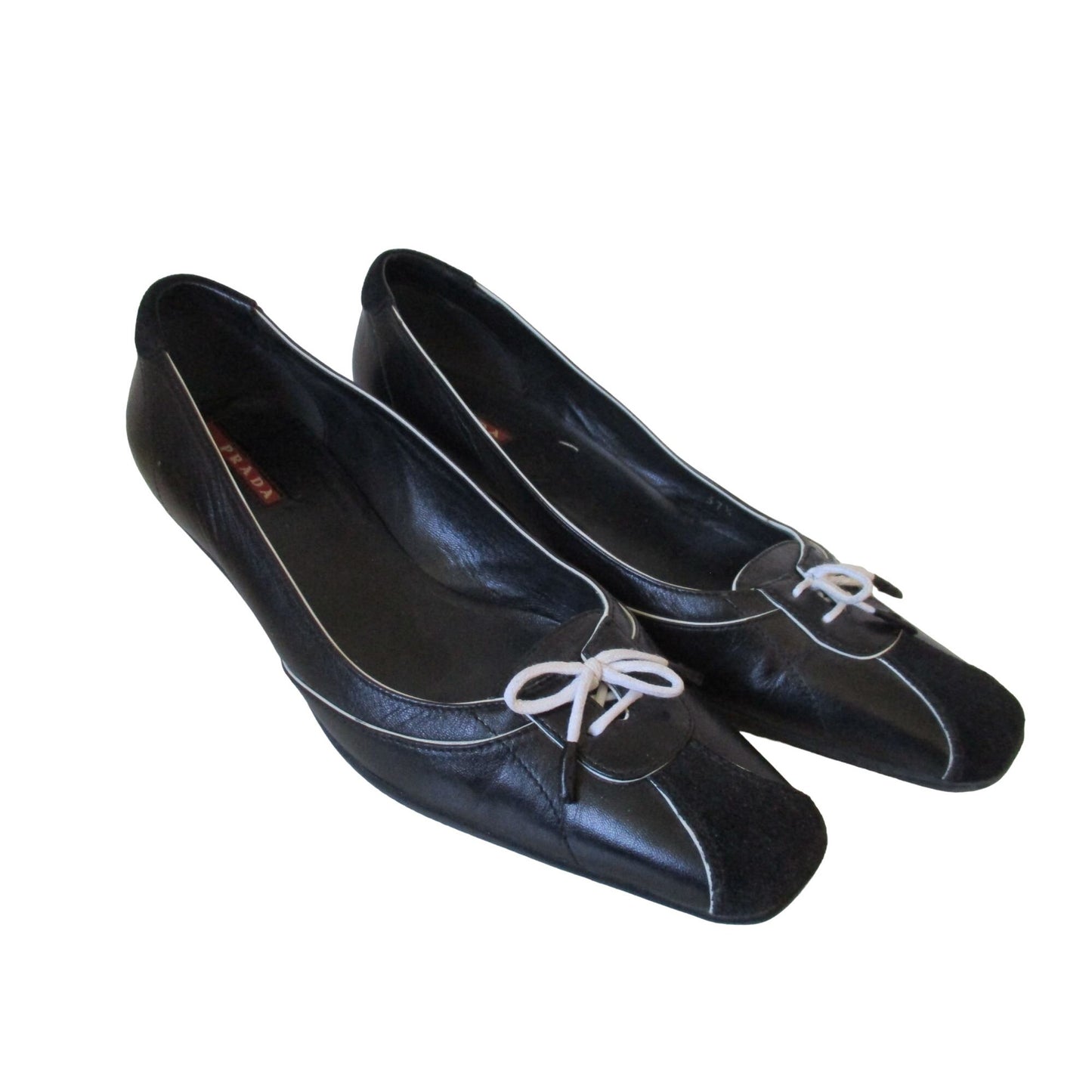 Prada Sport black leather 37.5 kitten heels with suede accents and white bows and white tonal stitching