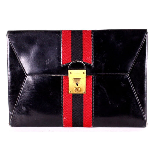 Vintage, Gucci, midnight blue leather, clutch, portfolio, or tablet holder with a wide, red and navy Sherry stripe