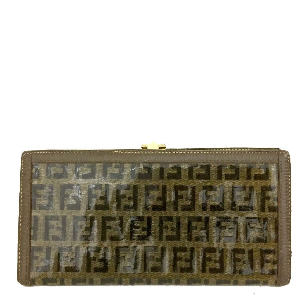 Fendi Zucchino print leather XL wallet w gold FF hinged clasp