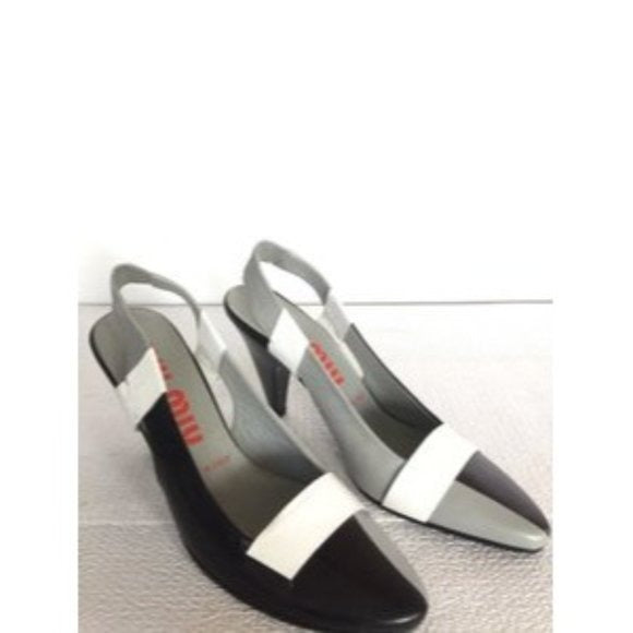 Miu Miu Black Grey White Slingback Wedge Heel