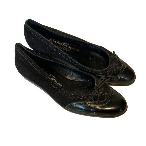 Salvatore Feraagamo Black Suede and Patent Ballet Flats