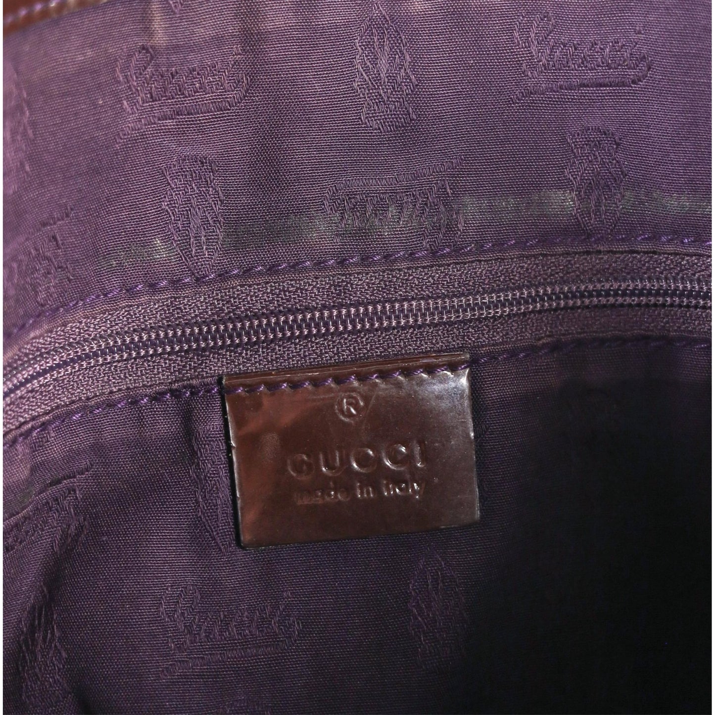 Louisa Gucci brown Guccissima satchel/tote w purple resin logo charm