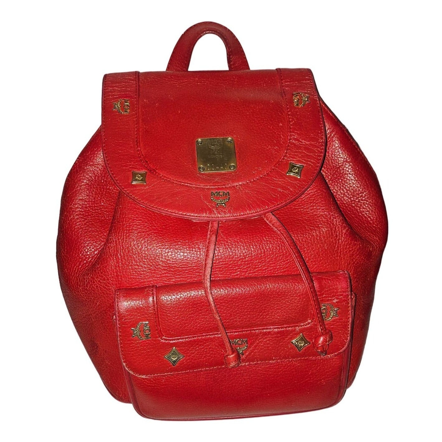 MCM vintage red leather backpack with gold hardware