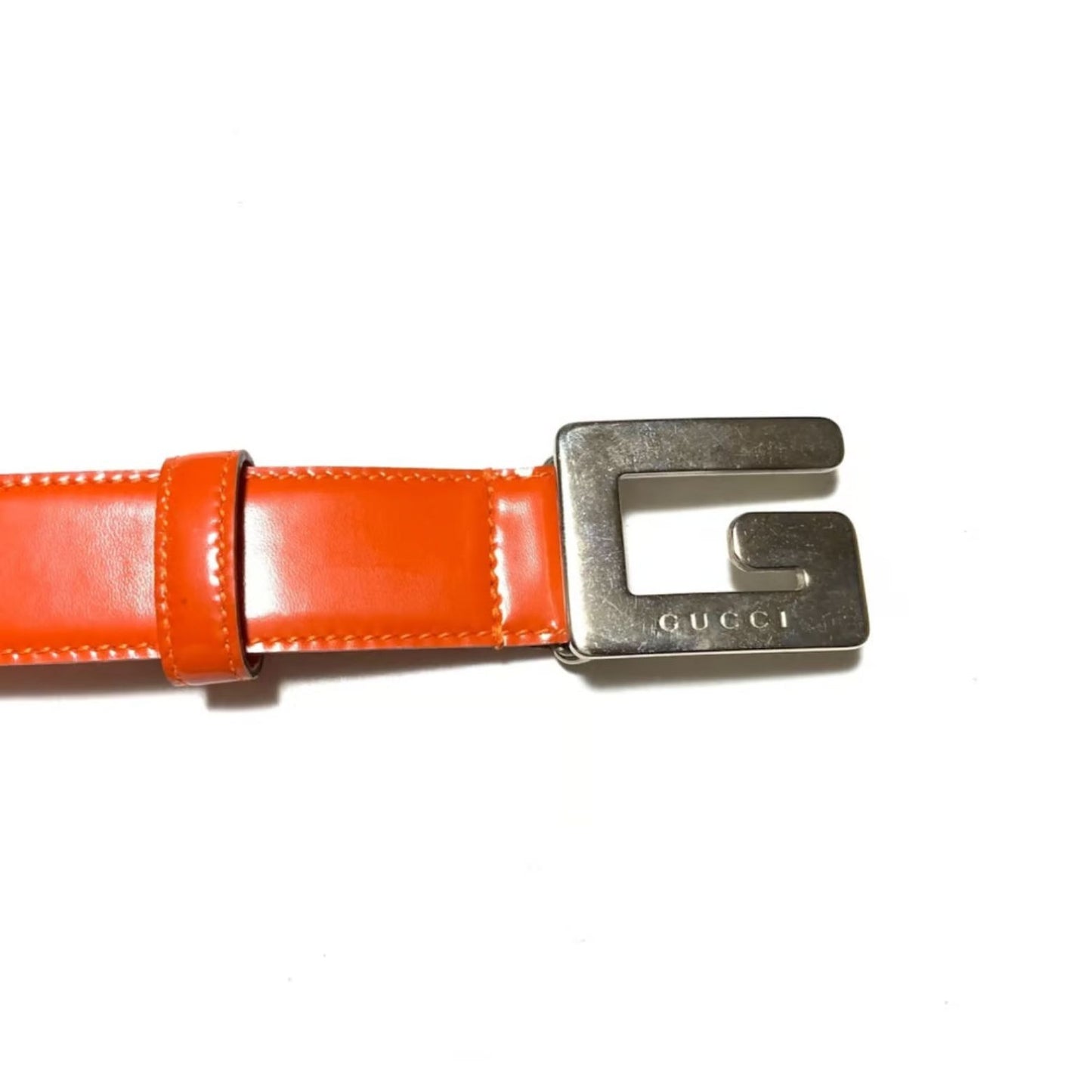 GUCCI Red Leather Belt w Chrome Square G Buckle
