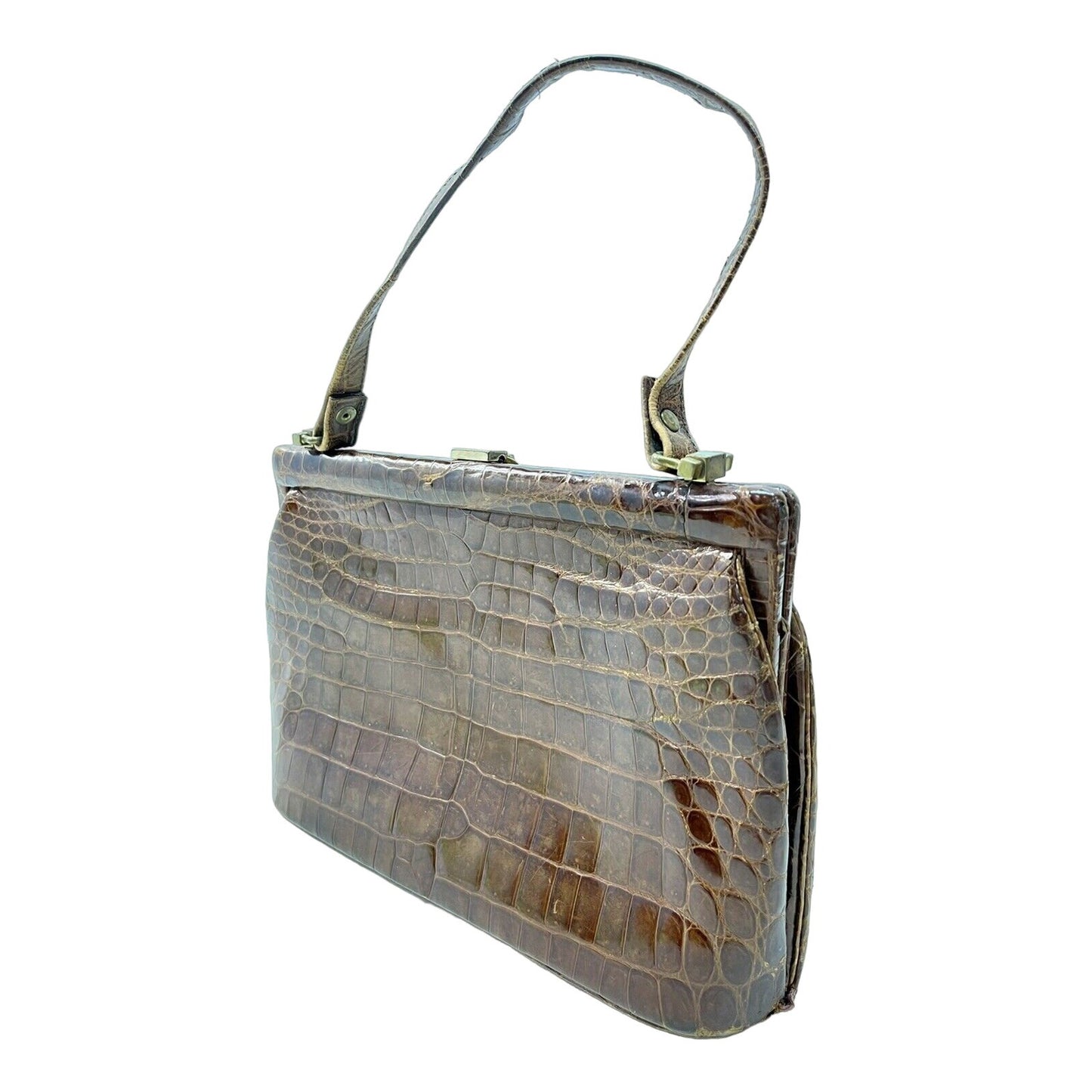 Gucci brown crocodile leather top handle purse