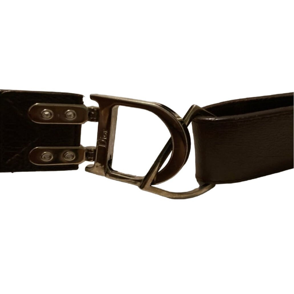 Christian Dior, brown textured leather belt and bold, gold tone metal, open 'D' logo buckle