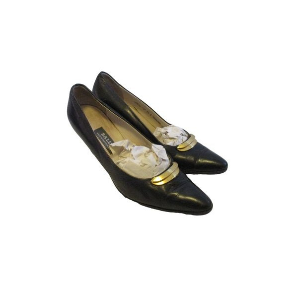 Bally Midnight Blue Navy Leather MANERBE Pumps Goldtone Accent