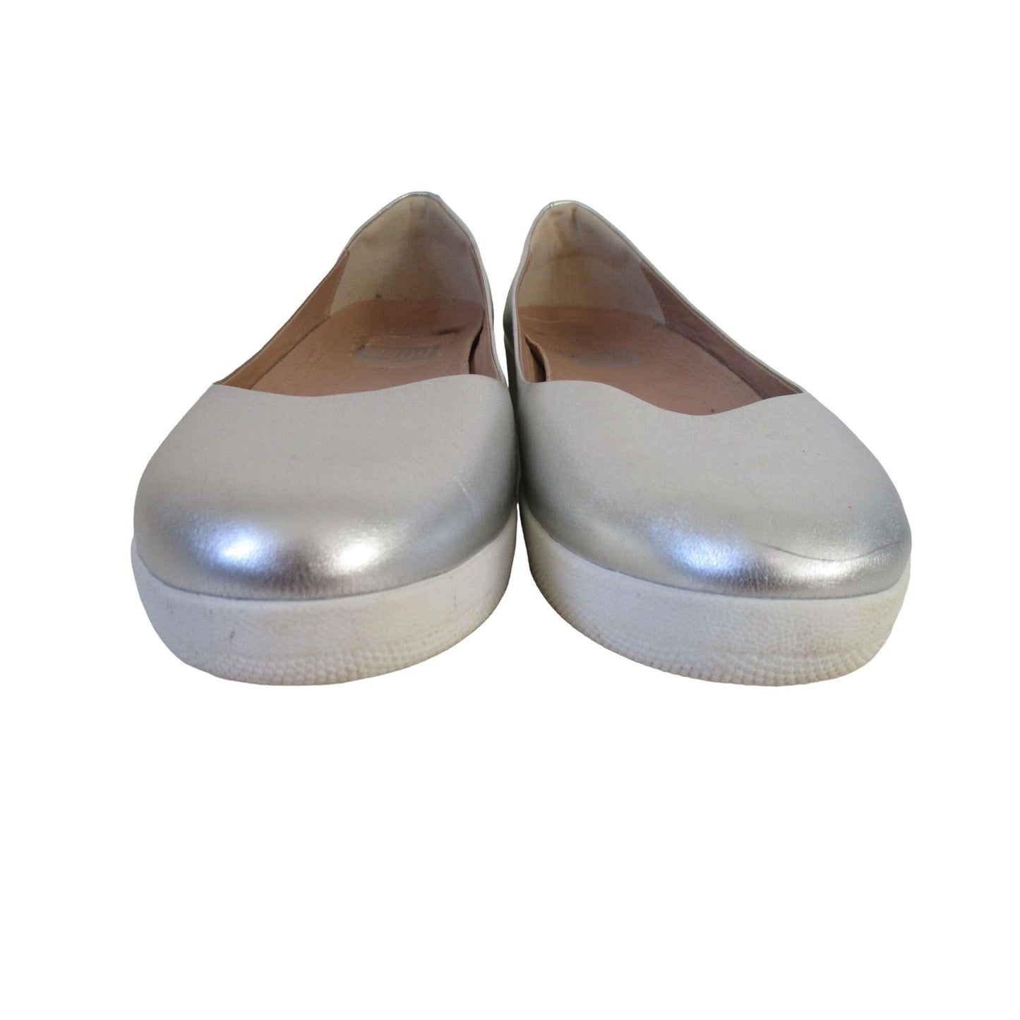 FitFlop silver leather, size 7, flats with white rubber soles