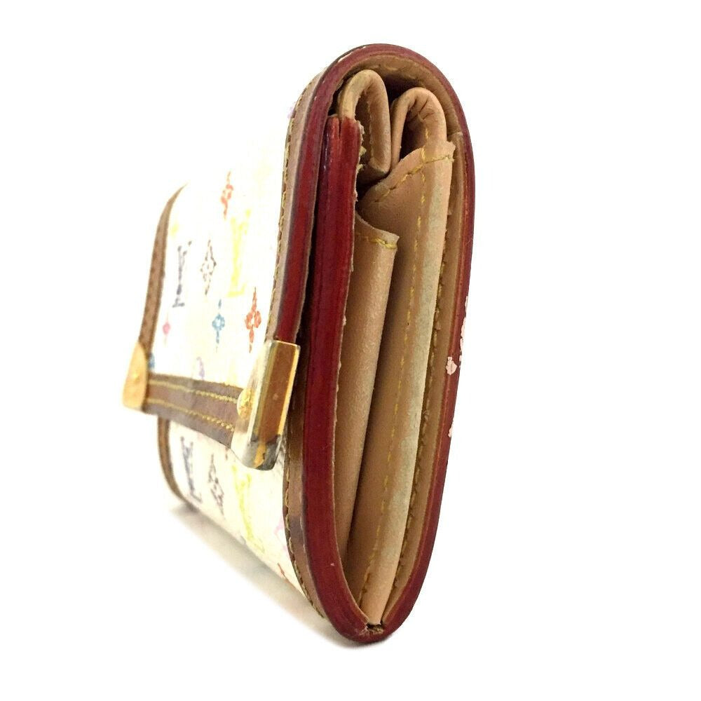 Vintage Louis Vuitton petite wallet with multi color logo print on white leather & lots of card slots