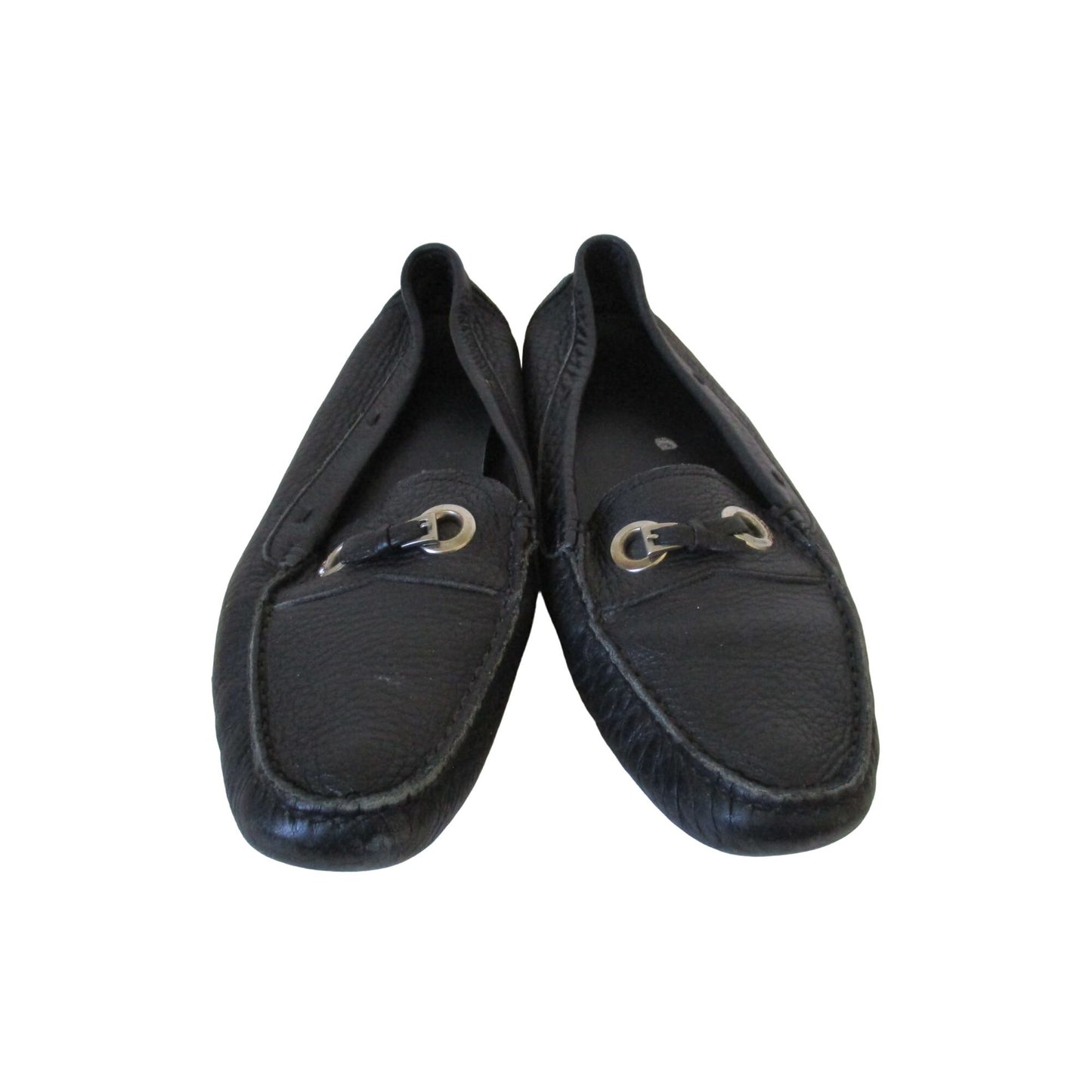 Prada black leather size 37 car shoe style loafers with chrome hardware
