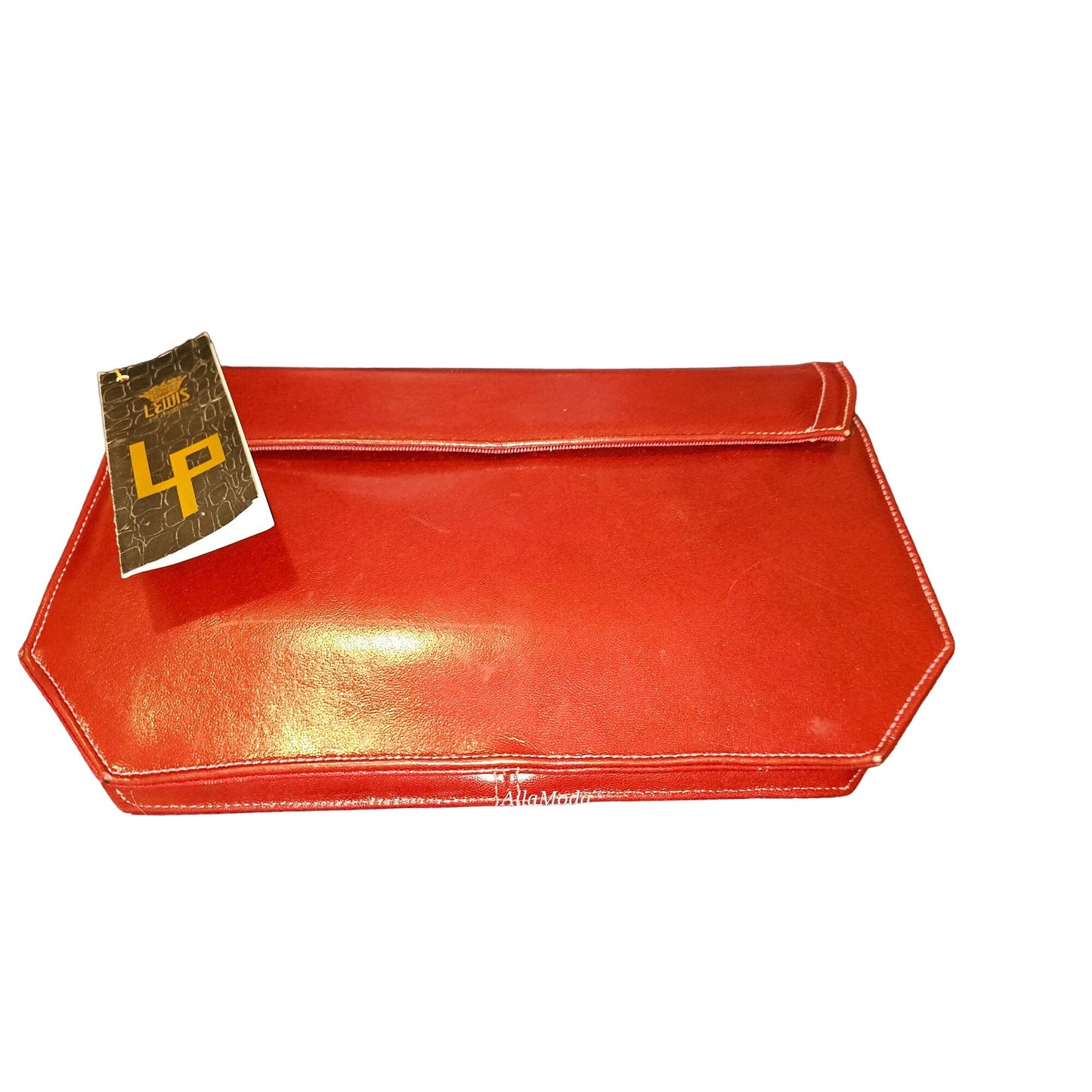 Lewis NOS NWT Red Leather Clutch w Bold Gold Accents