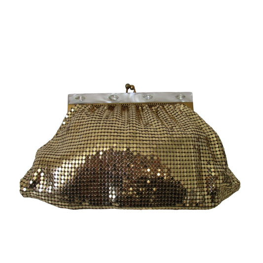 Mint Condition, Whiting and Davis, gold mirrored mesh, Art Deco, evening bag with a kiss closure & mother of pearl & rhinestone accents