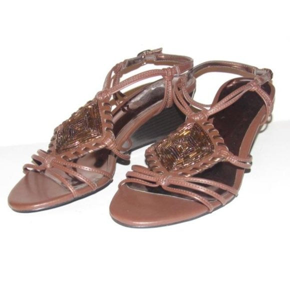 Carlos Santana Brown Strappy Leather Wedge Sandals