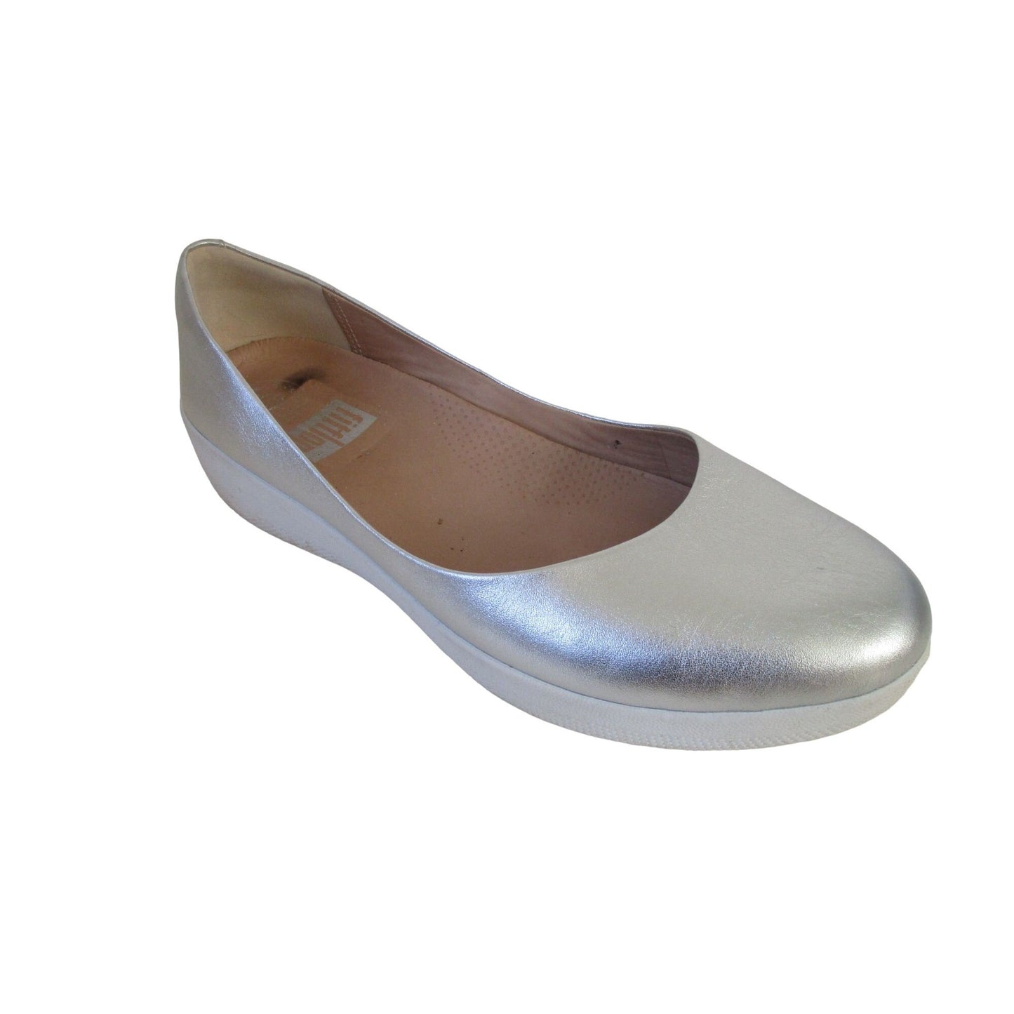FitFlop silver leather, size 7, flats with white rubber soles