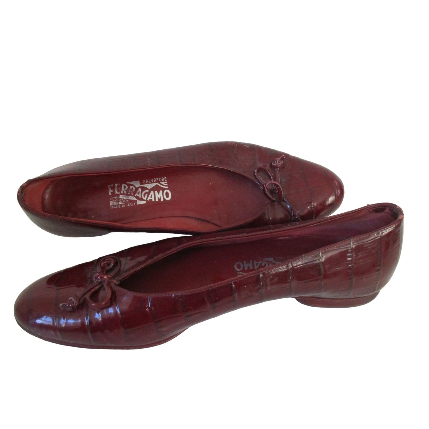 Ferragamo burgundy crocodile embossed ballet flats