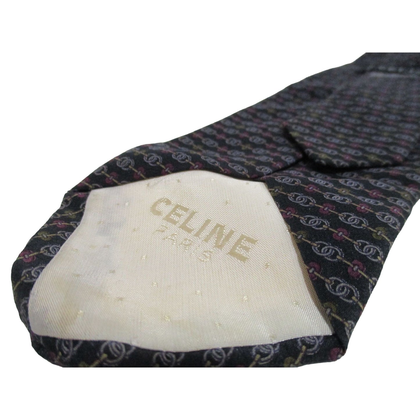 vintage Celine tie made of 100% silk with a logo print in shades of blue with green and red/pink.