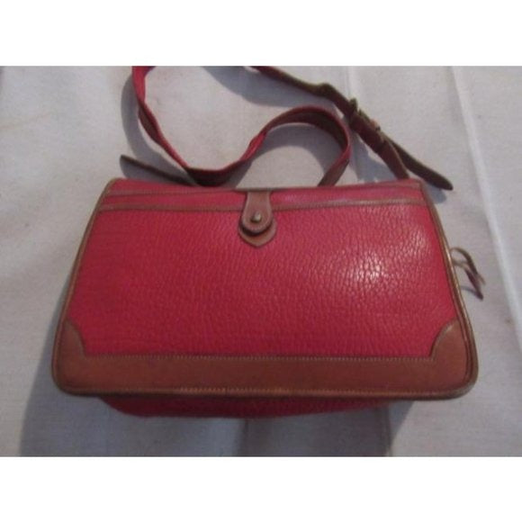 Vintage, Dooney and Bourke AWL, textured red leather and smooth camel leather, envelope top, cross body or shoulder bag with a removable adjustable strap, exterior pockets, brass accents