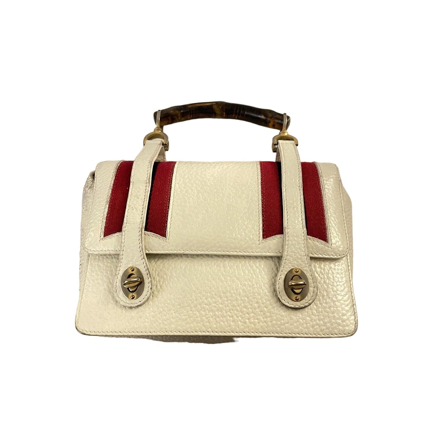 RARE Gucci white leather lunchbox bamboo bag w red & blue stripes