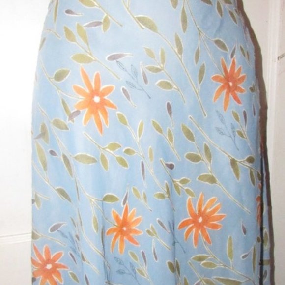 NWT, Moschino, size 46 IT/12 US, periwinkle, midi A-line skirt with stylized orange & green floral print