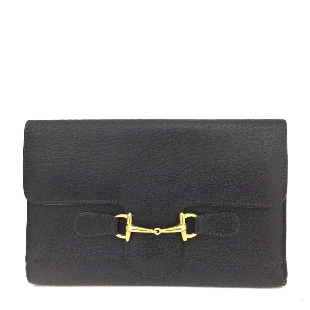 Unique, vintage, Gucci, RARE, black leather, clutch style purse or extra large wallet with a gold horse-bit accent at the clasp