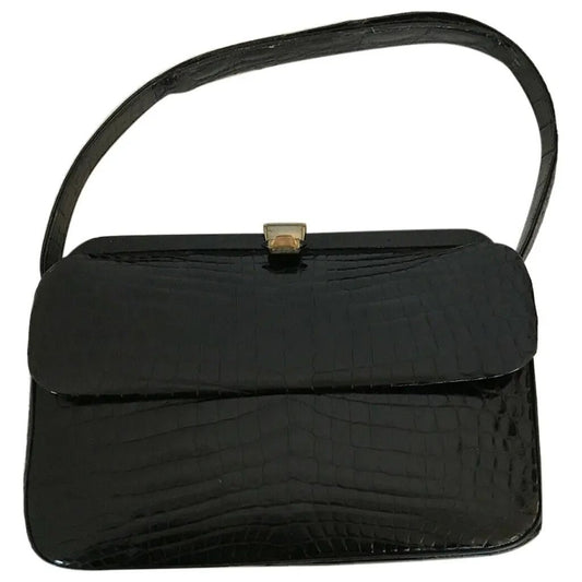 Lancel dark navy crocodile leather boxy satchel style purse