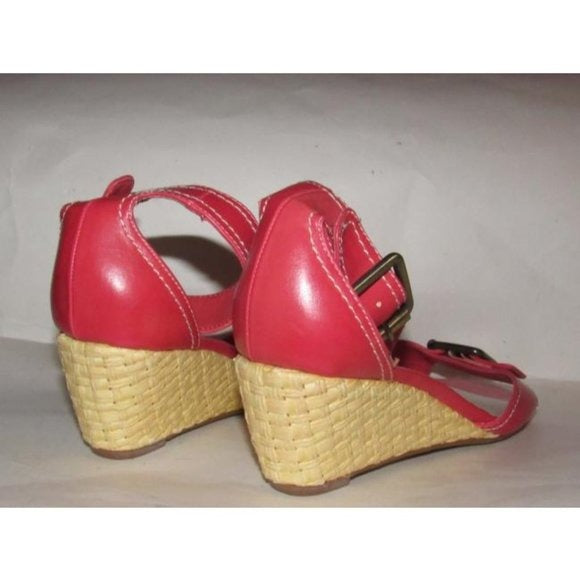 Etienne Aigner Salmon Pink Wedge Sandals with White Stitching