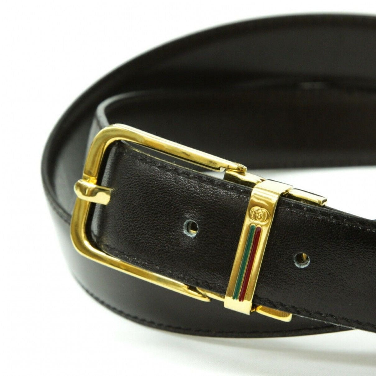 Vintage, NOS, Gucci, brown or black leather, 38" - 42", reversible belt with a removable,  rectangular, gold tone buckle with red and green