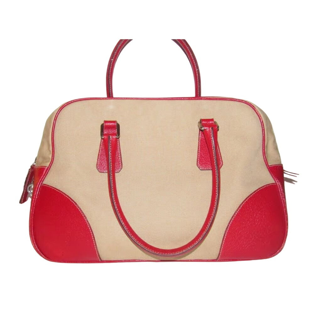 Prada canvas and red leather 1990's XL bowler/satchel