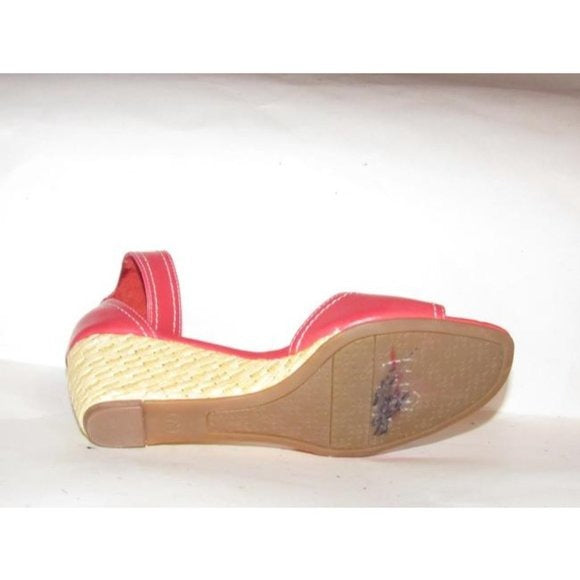 Etienne Aigner Salmon Pink Wedge Sandals with White Stitching