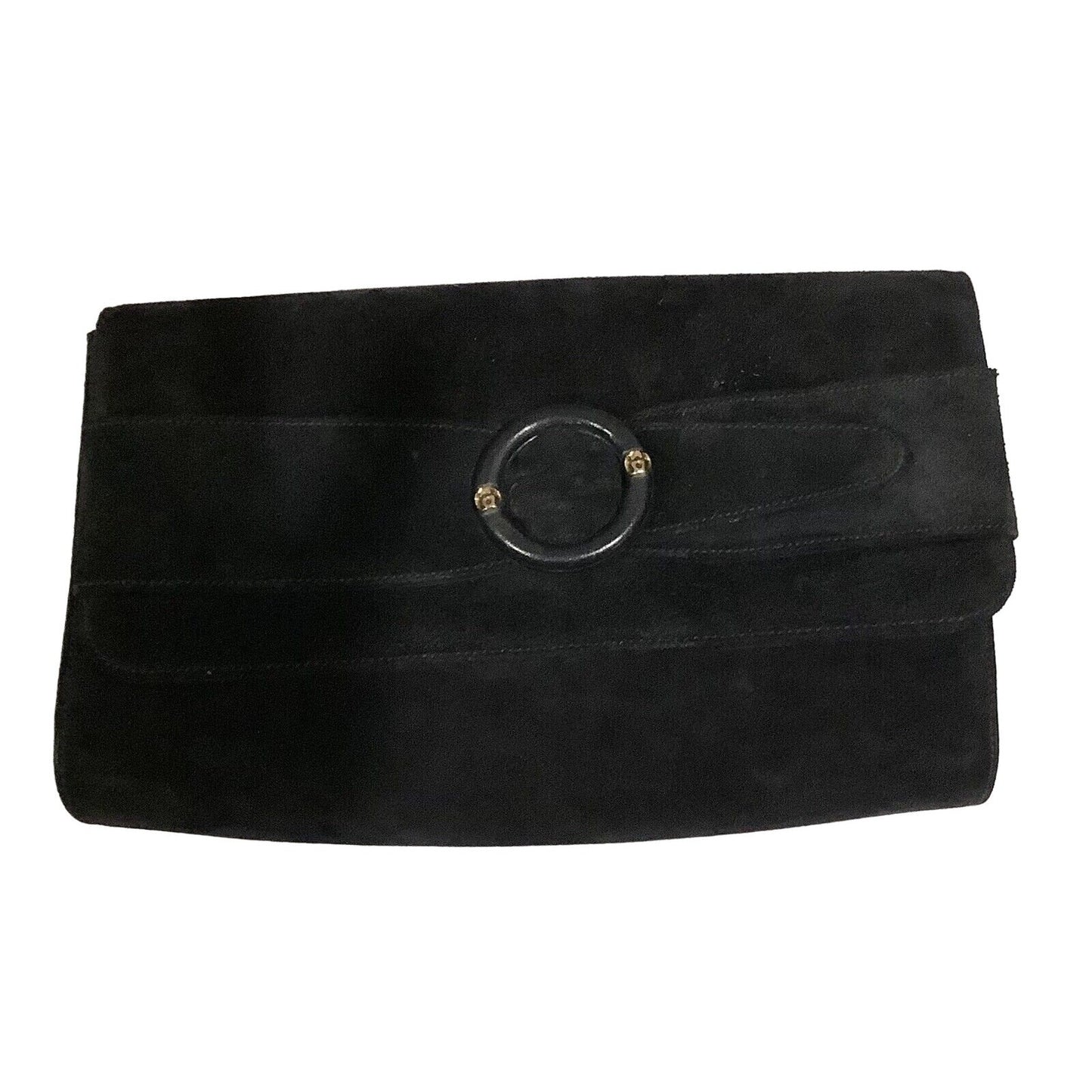Gucci navy suede clutch w a round buckle accent