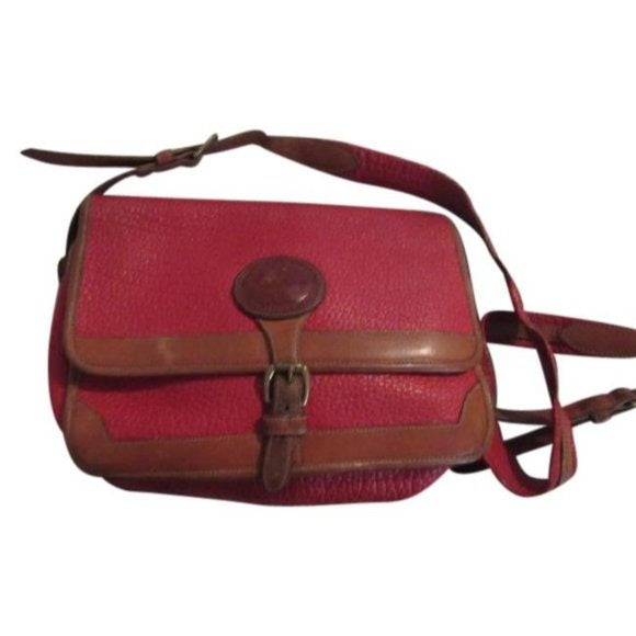 Vintage, Dooney and Bourke AWL, textured red leather and smooth camel leather, envelope top, cross body or shoulder bag with a removable adjustable strap, exterior pockets, brass accents