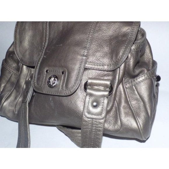 Vintage, Marc Jacobs, metallic pewter leather, two handle, satchel with bold chrome accents and lots of compartments