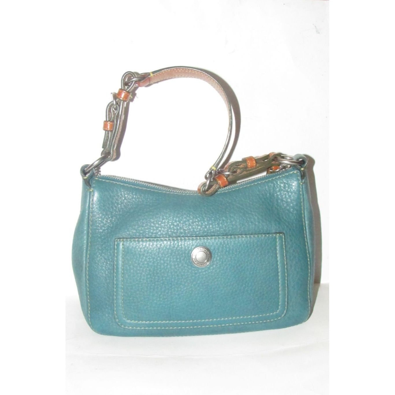 Coach, 'Chelsea' hobo, in a teal soft leather, hobo style purse with a brown, strap with unique chrome buckles