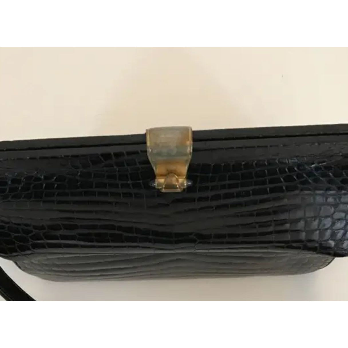 Lancel dark navy crocodile leather boxy satchel style purse