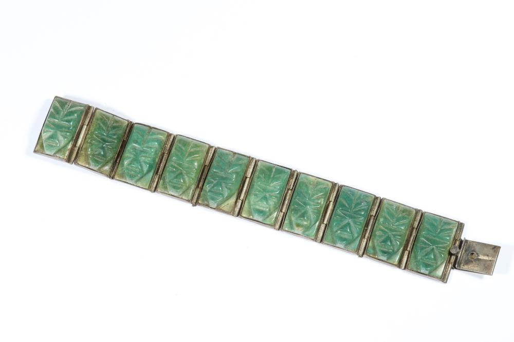 Taxco Mexico sterling silver & jade carved panel link bracelet