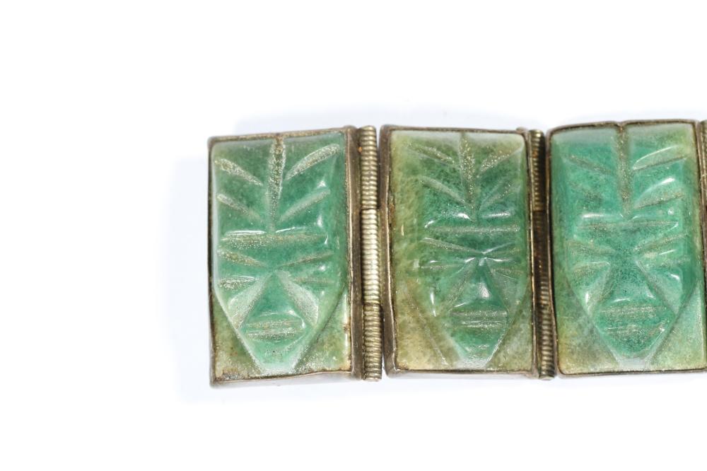 Taxco Mexico sterling silver & jade carved panel link bracelet