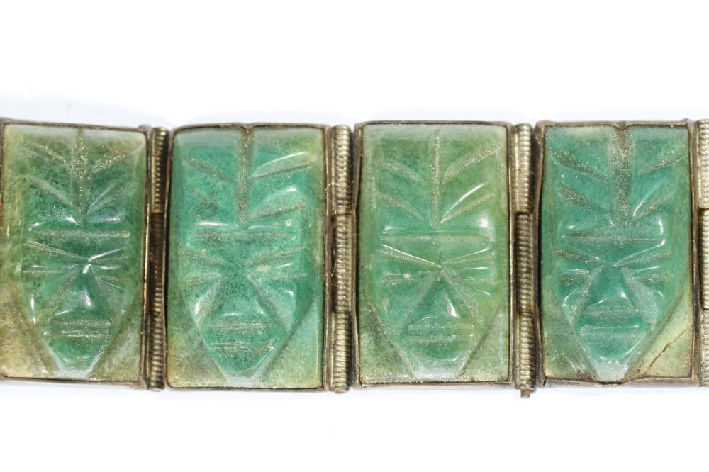 Taxco Mexico sterling silver & jade carved panel link bracelet