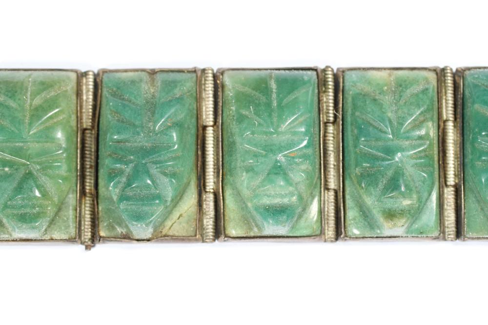 Taxco Mexico sterling silver & jade carved panel link bracelet