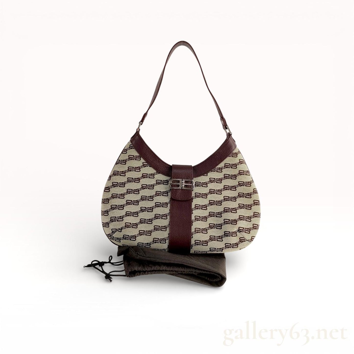 Balenciaga brown logo print  on ivory canvas & brown leather vintage hobo