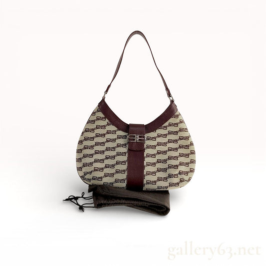 Balenciaga brown logo print  on ivory canvas & brown leather vintage hobo