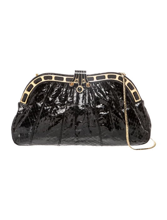 Judith Lieber black snakeskin two-way purse with tiger's eye & onyx