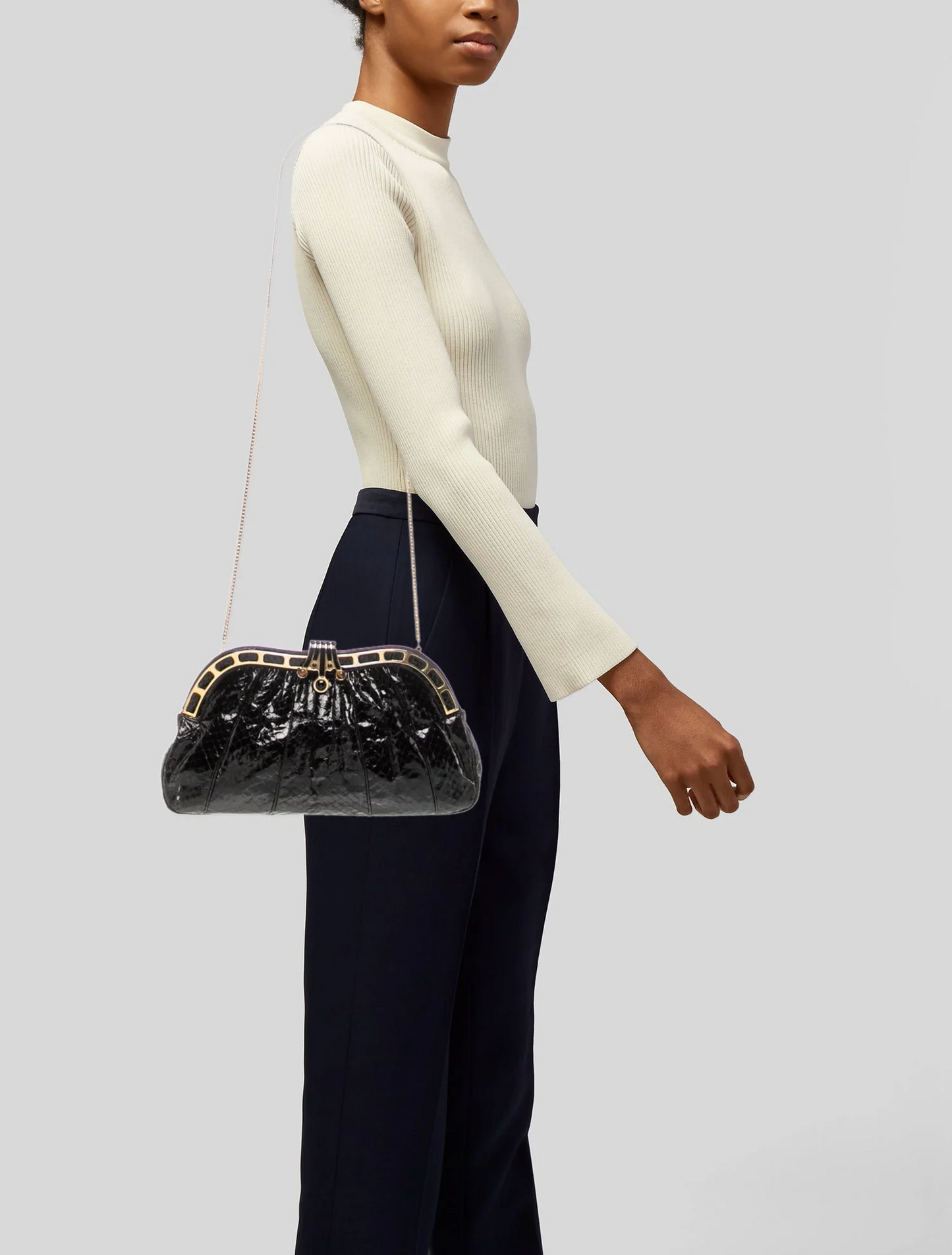 Judith Lieber black snakeskin two-way purse with tiger's eye & onyx