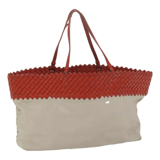 Bottega Veneta tomato red woven leather & ivory / taupe leather Cabat tote bag