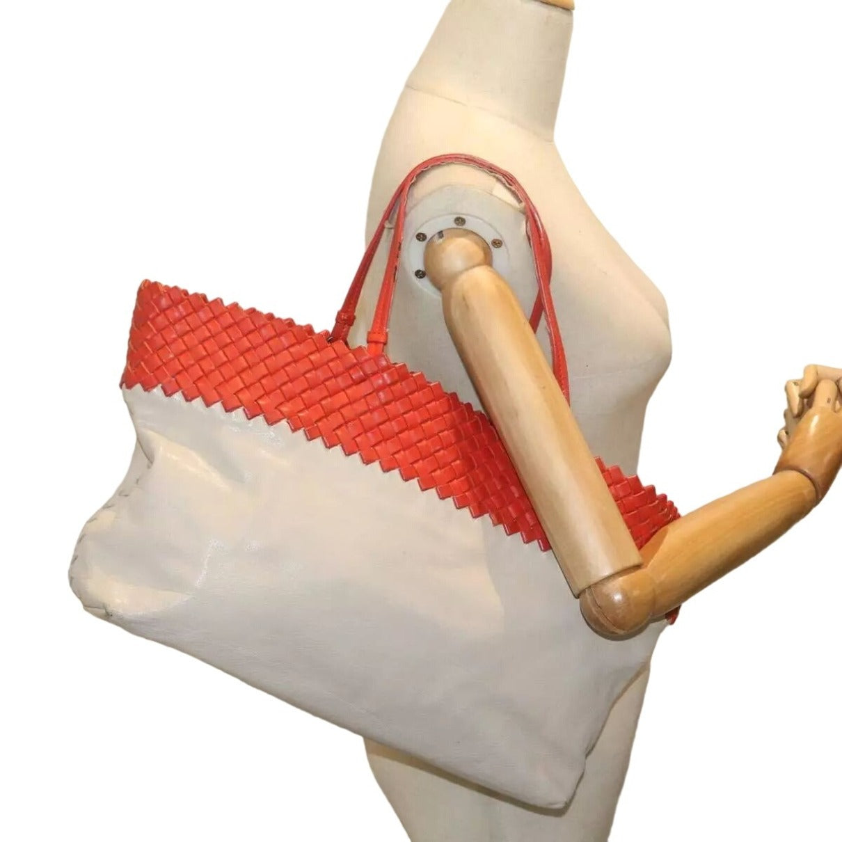 Bottega Veneta tomato red woven leather & ivory / taupe leather Cabat tote bag